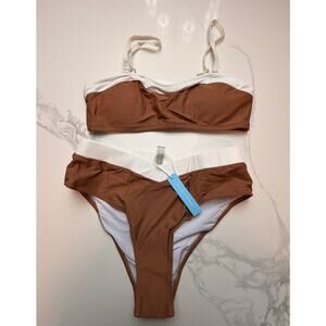 NWT Brown & White High Waist Bikini Set Women’s Small